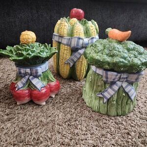 FITZ‎ & FLOYD Vegetable Bouquet, Set/3 Canisters, Turnip/Broccoli/Corn, Embossed